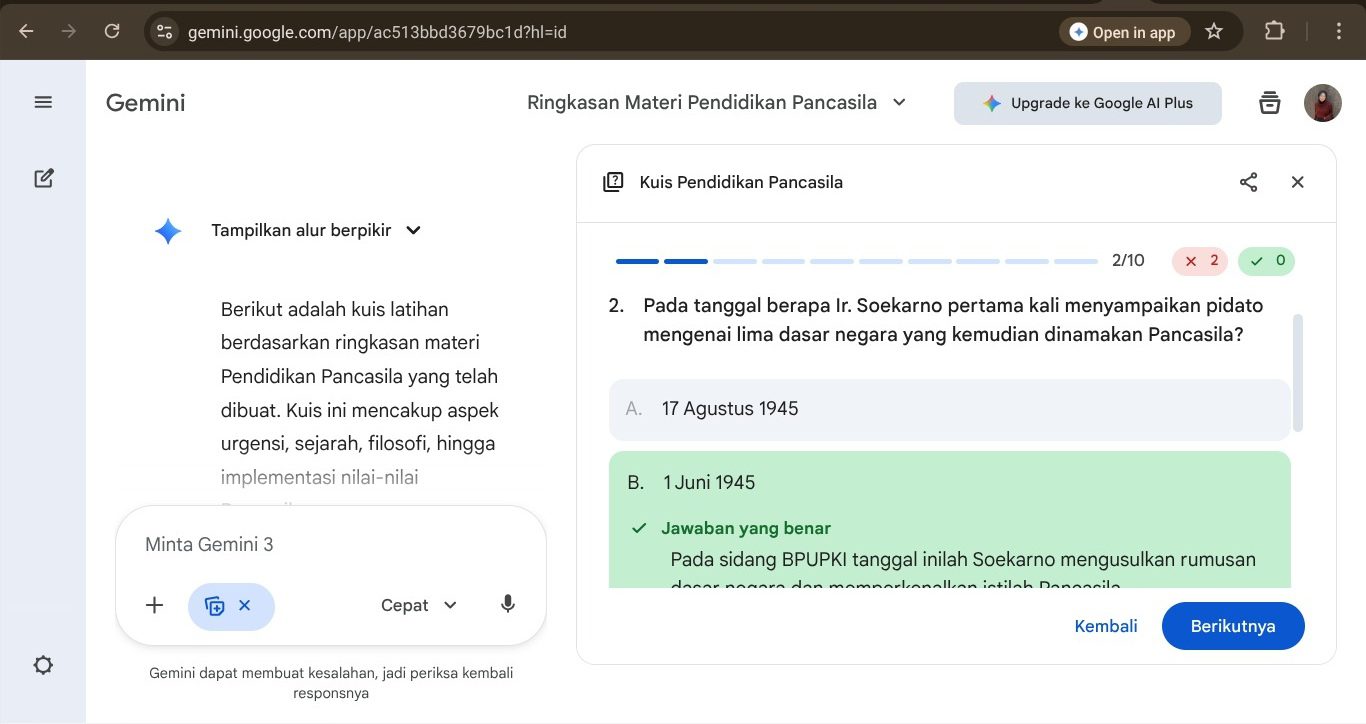 Cara membuat materi menjadi kuis di Gemini AI menggunakan fitur Canvas